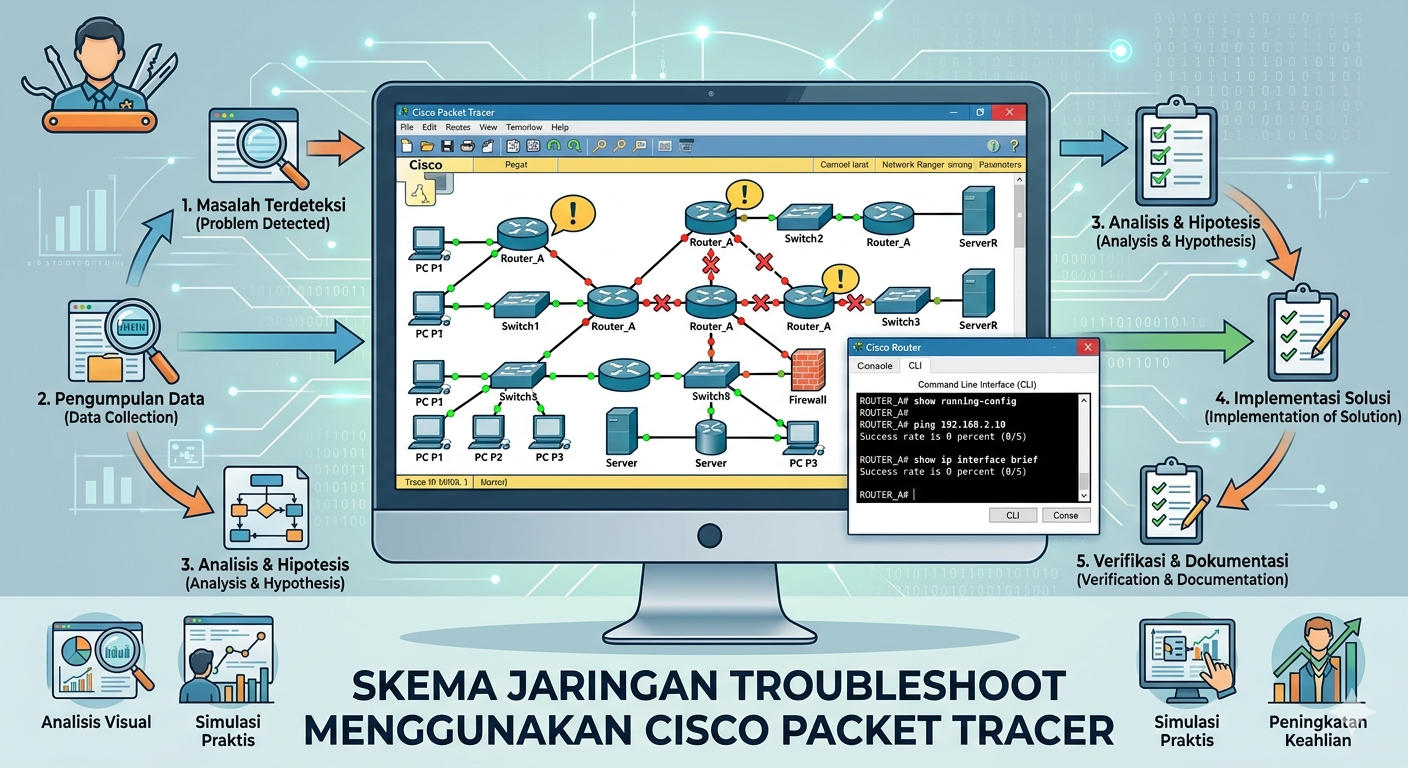 Skema Jaringan Troubleshoot menggunakan Cisco Packet Tracer